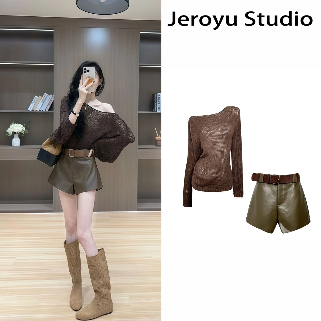 韩系设计感御姐范时尚套装休闲百搭针织镂空长袖上衣高腰修身短裤
