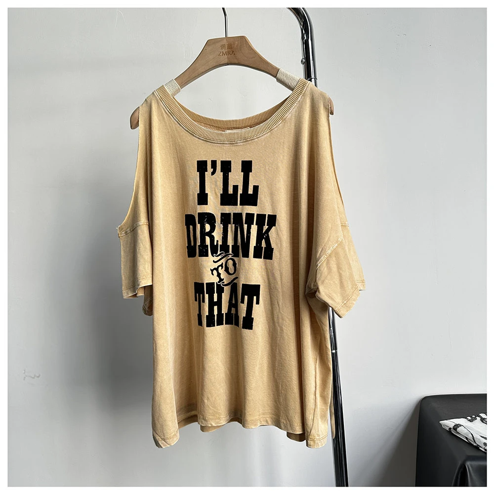 T485夏季新款女士宽松性感露肩圆领短袖印花字母休闲T恤女