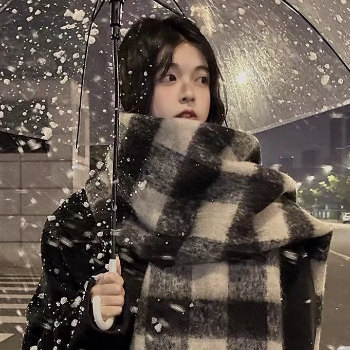 围巾披肩百搭连帽长款毛呢加厚格子保暖韩版网红时尚情侣羊绒加绒