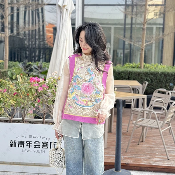 新中式重工牡丹刺绣高级感无袖上衣中国风时尚百搭气质新款马甲女