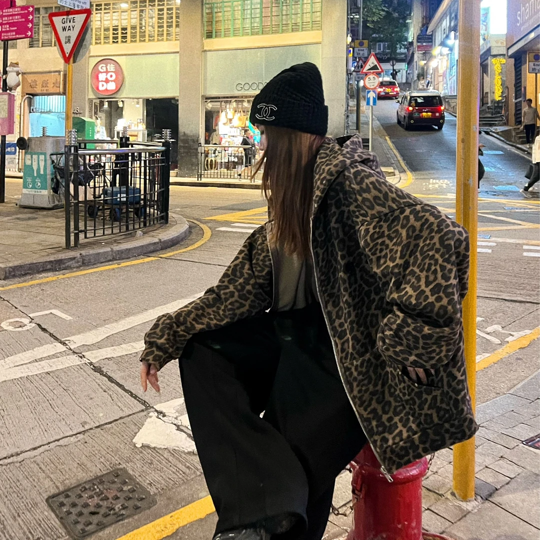婉君【美式豹纹】秋季休闲宽松百搭长袖连帽豹纹外套LWJ25C3C2936