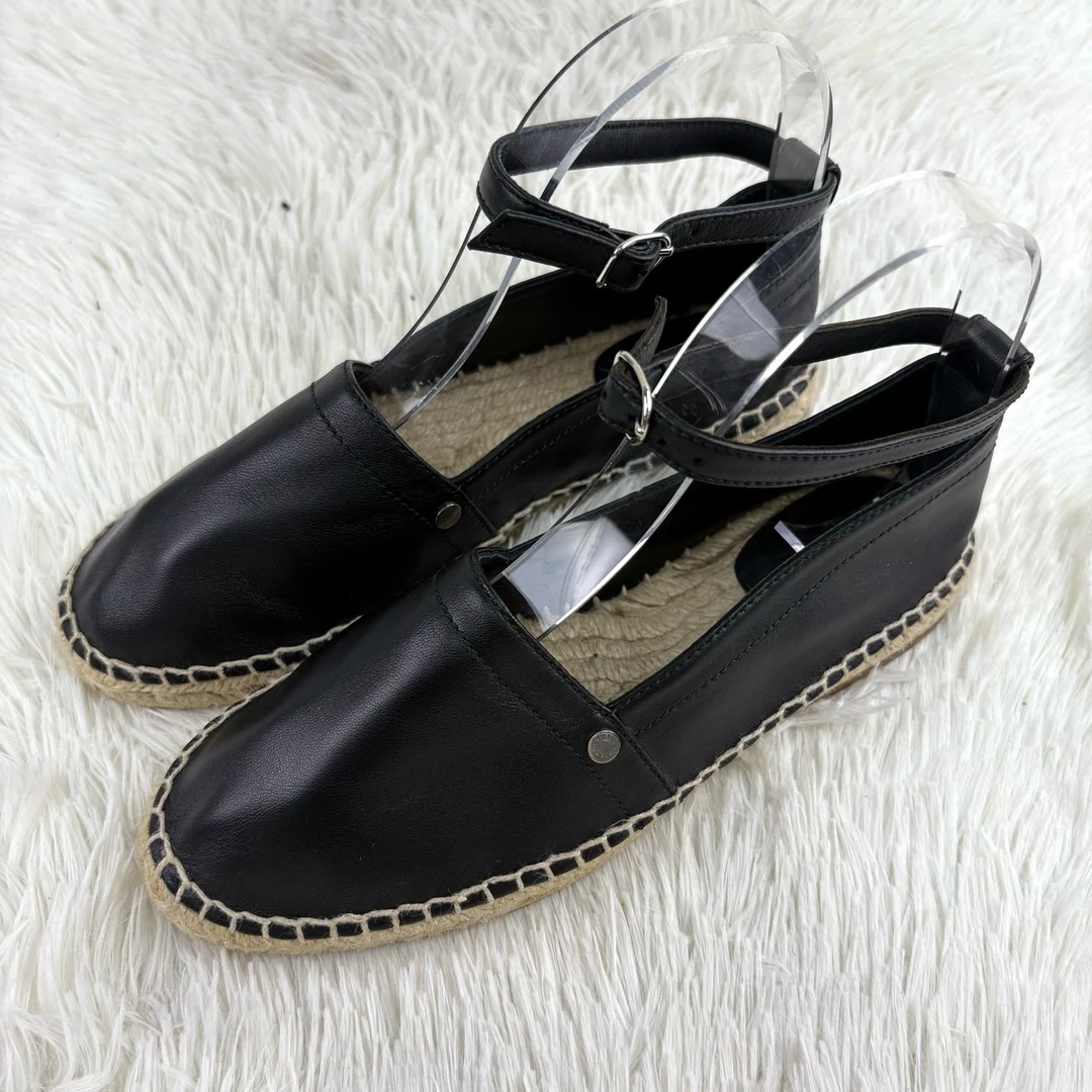 未使用 Hermes/爱马仕 黑色羊皮草编绑带渔夫鞋36码