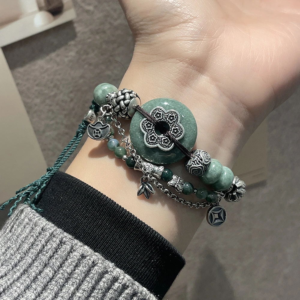 925银手链 S09999平安扣花苞链水草瑙瑙铜钱吊坠鱼纹珠手链民族风