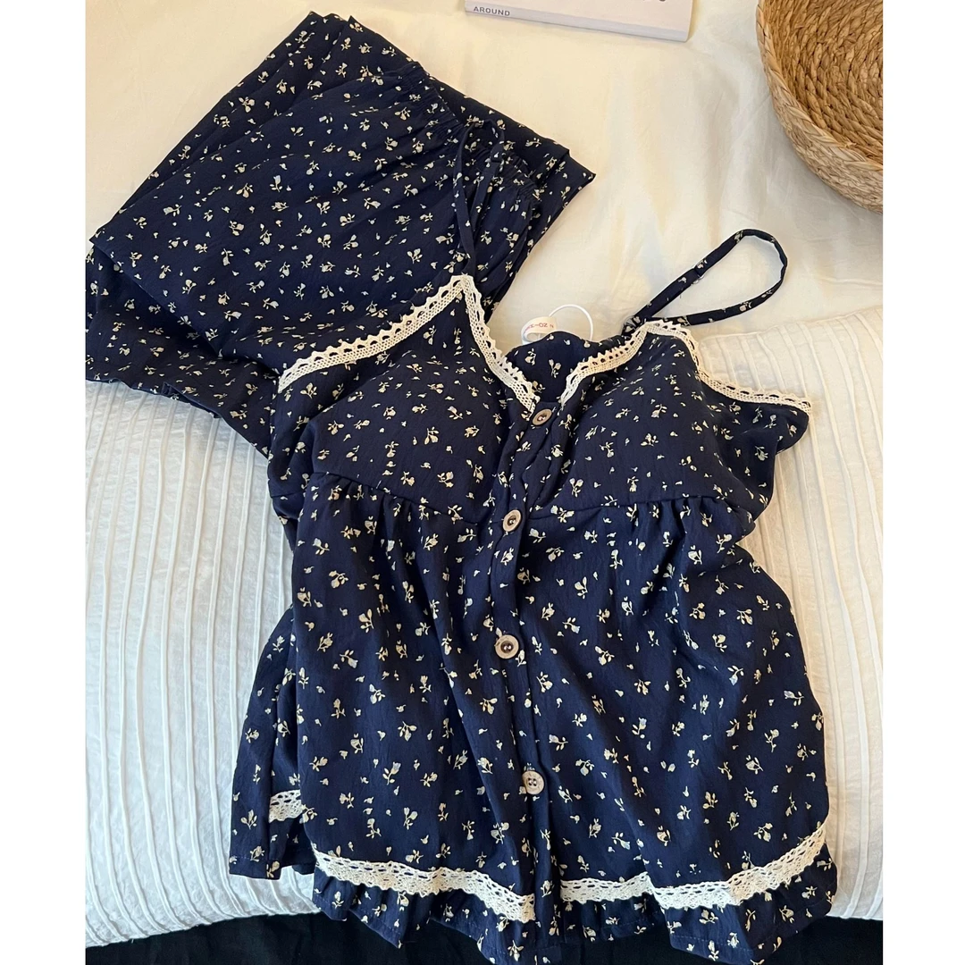 韩版复古甜美风带胸垫碎花吊带睡衣女夏季新款大码套装家居服外穿