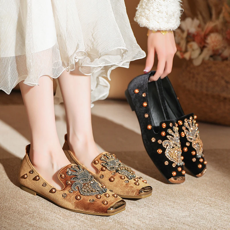 纯手工制作水钻拼狐狸头时尚方头平底软底单鞋百搭套脚鞋女