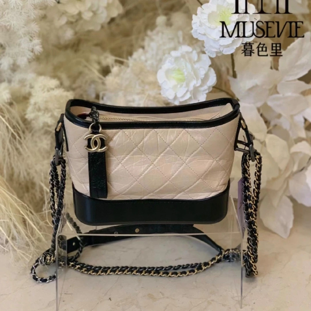 95新 Chanel/香奈儿 45058B 米色拼黑色流浪小号单肩斜挎包
