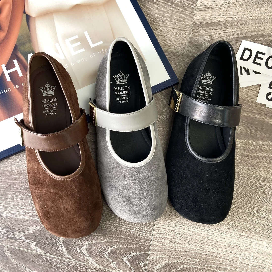 羊皮版~绒面玛丽珍2025年新款韩版方头浅口平底单鞋女豆豆鞋