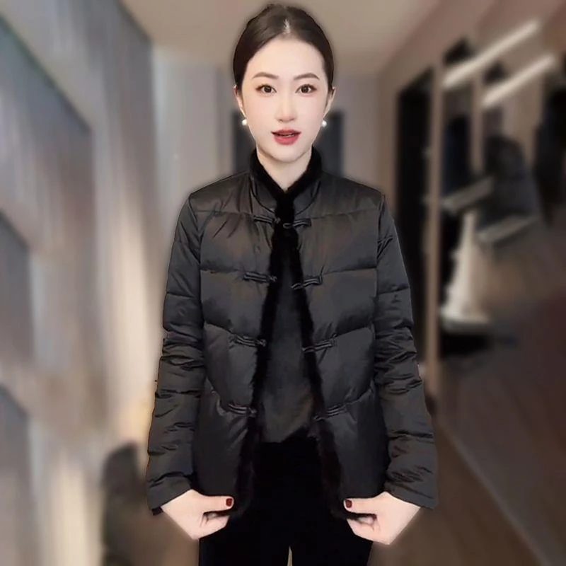 2024秋冬新款简约棉服时尚拼接复古中式盘扣设计洋气保暖百搭上衣