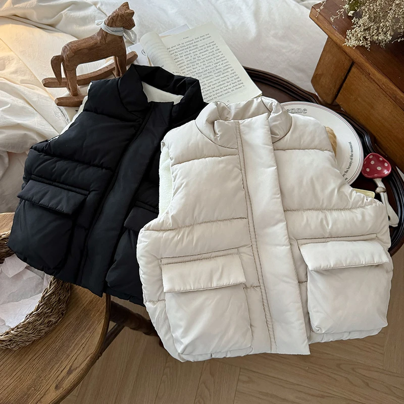 儿童羊羔绒马甲秋冬韩版中小童羽绒棉背心男女童外穿纯色马夹外贸