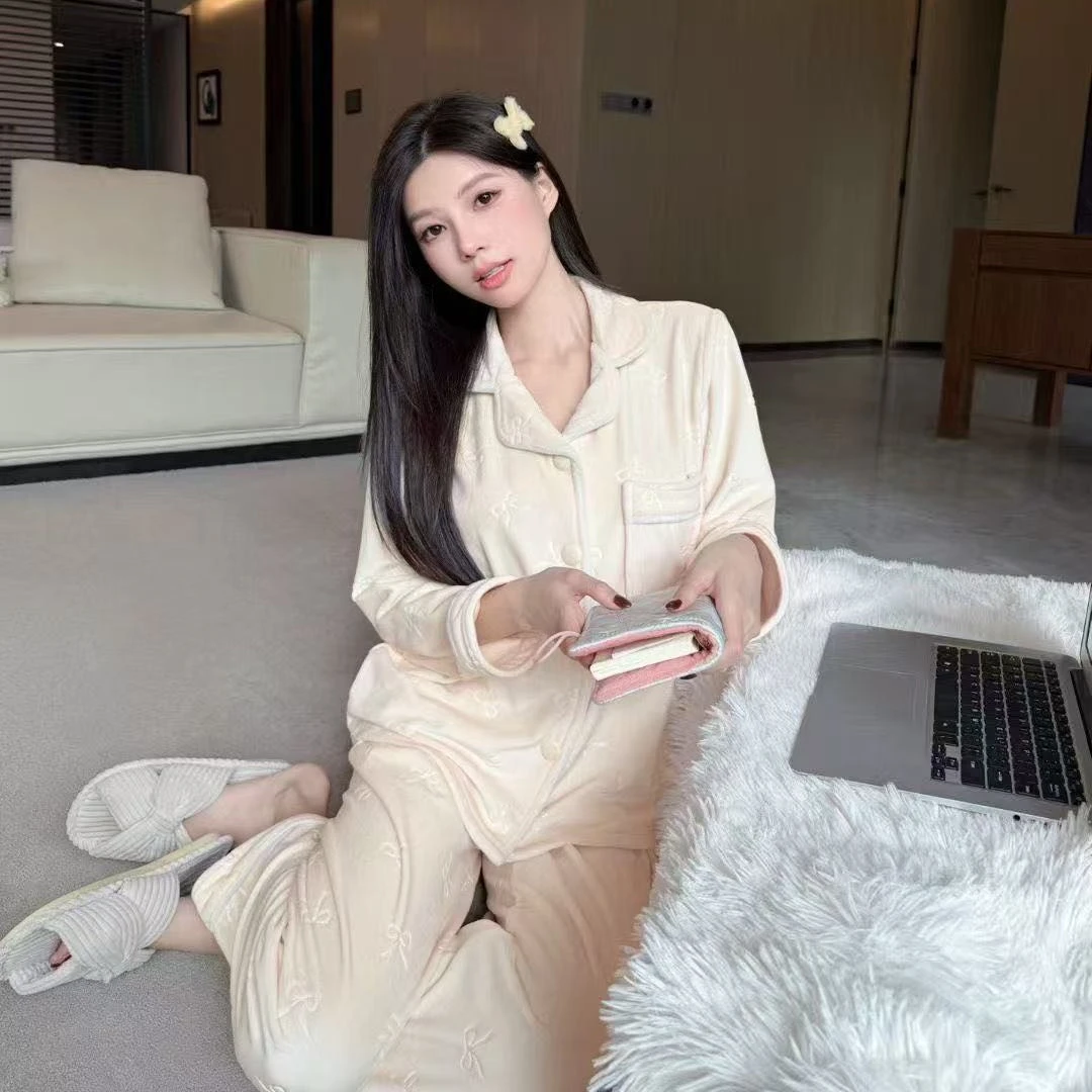 海岛绒睡衣简约纯色可爱睡衣女秋冬季海岛绒薄绒保暖开衫家居服女