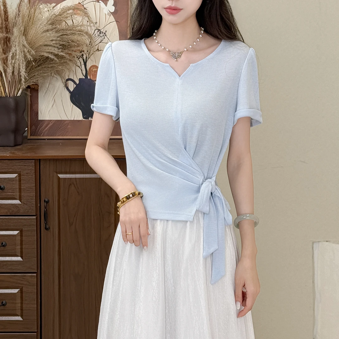 蔡小姐2025年夏季T恤蝴蝶显瘦气质短款法式方领百搭收腰褶皱
