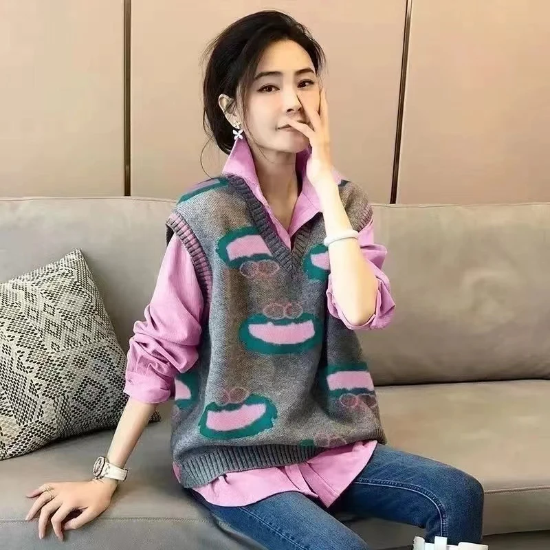 欧洲站针织毛衣马甲衬衫两件套女休闲叠穿套装时尚矮个子夏季套装