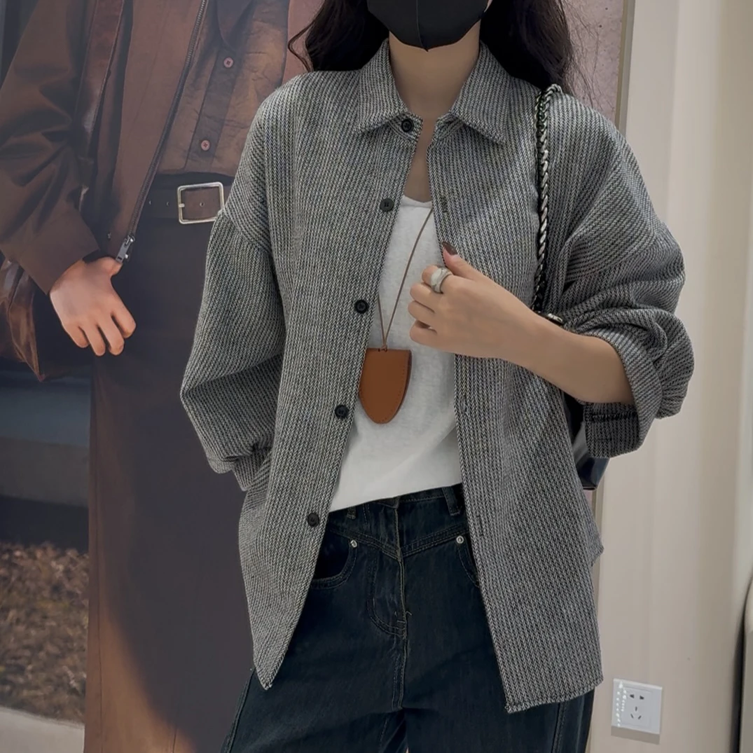 （运补6-10）设计感小众秋季大码宽松港味慵懒长袖叠穿衬衣外套开衫