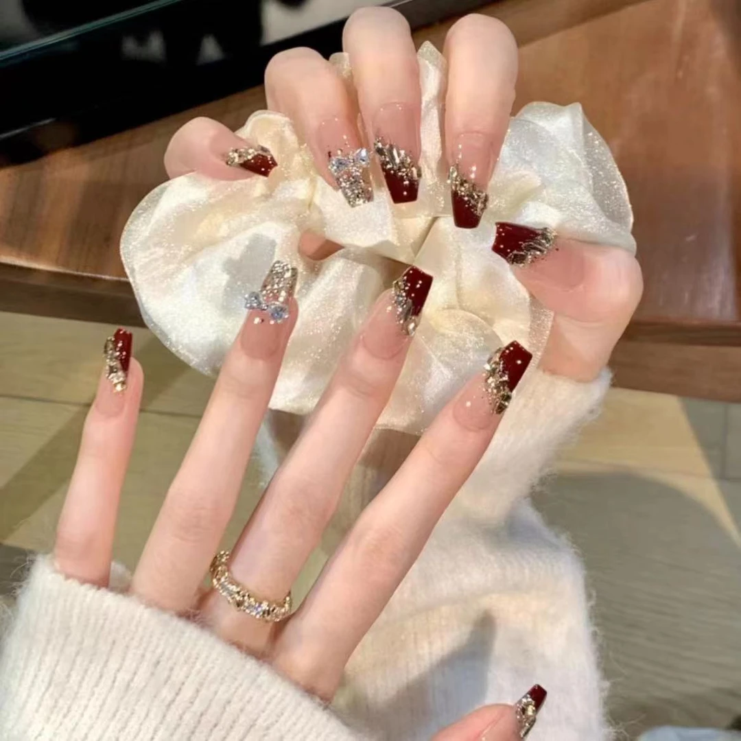 纯手工光疗穿戴甲酒红慕斯批发成品重复使用美甲贴片