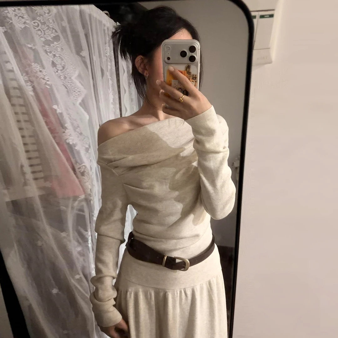 2026新款老钱风一字肩针织连衣裙子女秋冬御姐配大衣内搭长裙套装