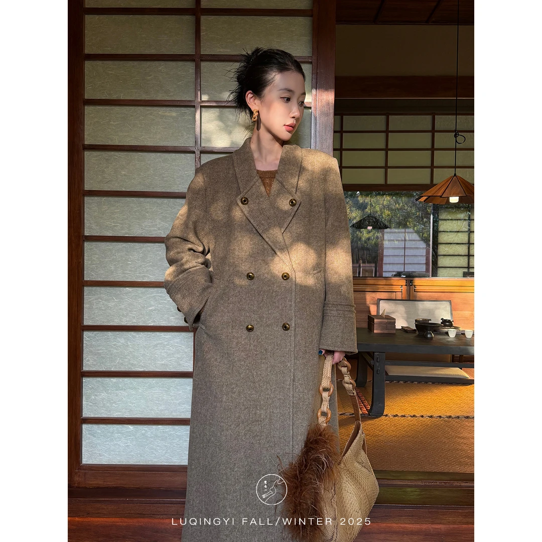 鹭青一原创【不辞盈】复古羊毛斜纹正肩廓形毛呢大衣L25D7652B