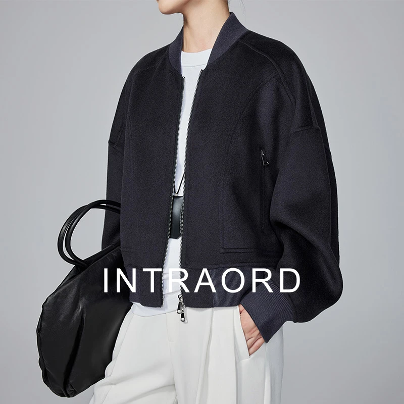 INTRAORD 英伦羊毛羊绒立领拉链螺纹拼接羊毛夹克球服外套女