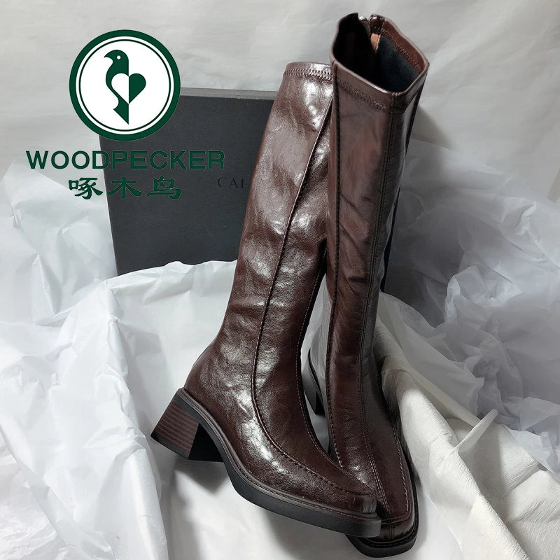啄木鸟粗跟包腿显瘦弹力靴2025年秋冬新款不过膝软皮高跟时装靴子