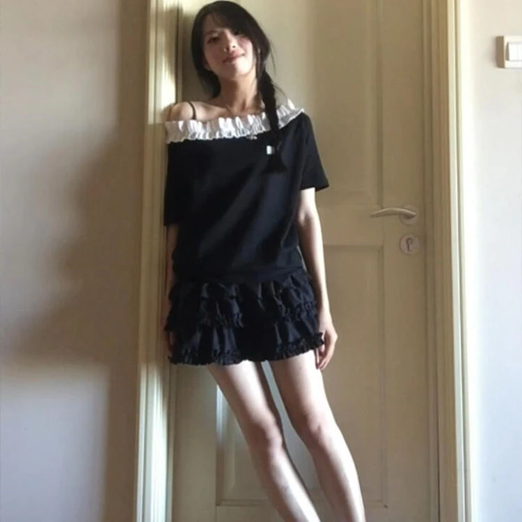 【AORSKK】新款花边领口斜肩宽松短袖t恤女斜肩字母印花遮肉显瘦上