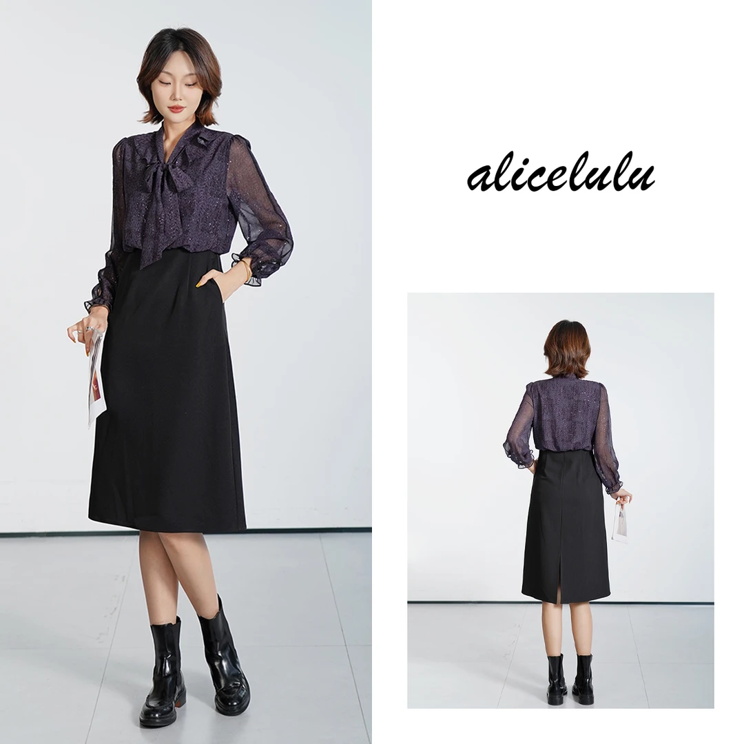 [alicelulu]法式韵味细闪显瘦花边领蝴蝶结连衣裙S2144763E