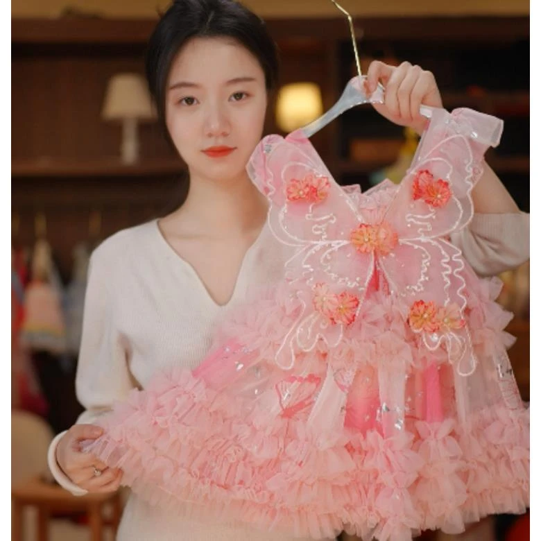 【Y.d7693】25夏季新款女童飞飞袖亮片 公主裙女宝洋气蝴蝶结连衣裙