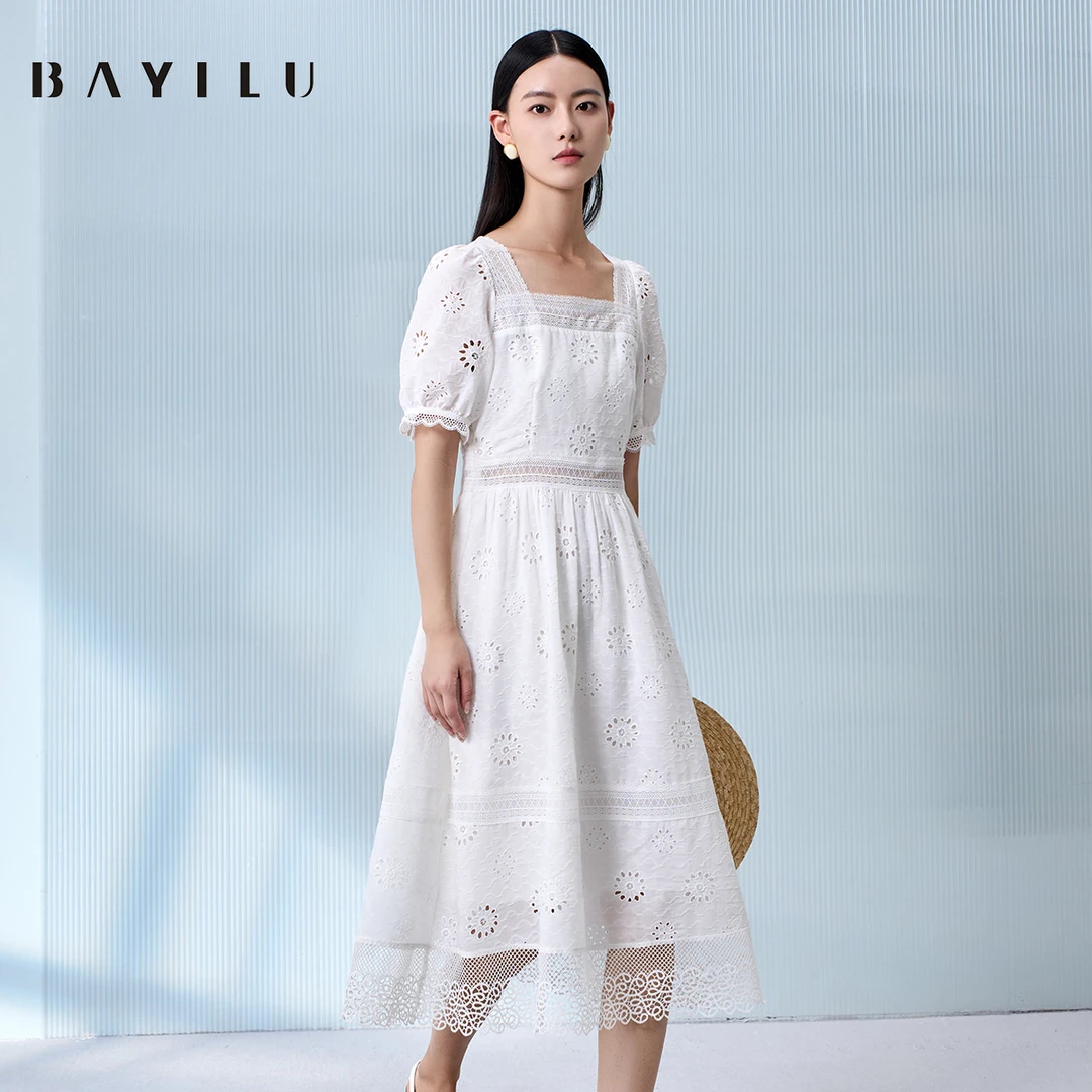 【丽公主】芭依璐夏季连衣裙女镂空高腰显瘦长裙90L7045
