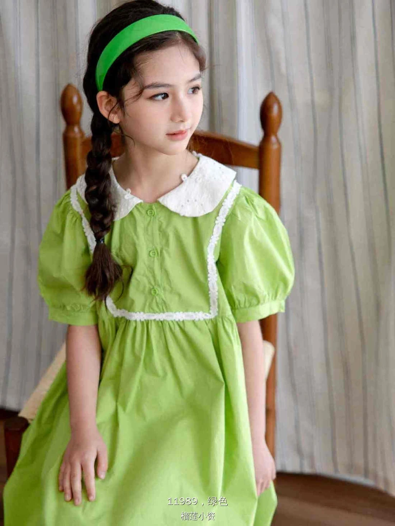 女孩吊带裙/背心裙卡通公主裙绿色娃娃领中大童女连衣裙夏季