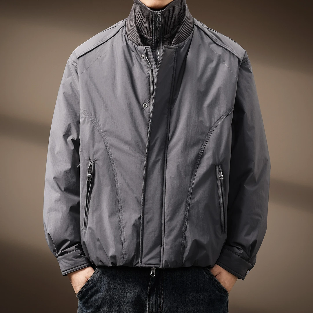 高端假两件棒球领90羽绒服男秋冬高领毛衣拼接夹克保暖短款外套男