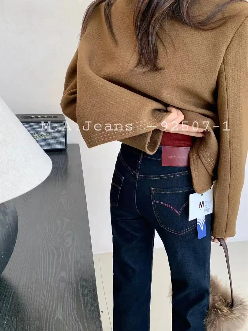 韩系MA.家加绒牛仔裤女剪标微瑕冬季抓毛普洗九分烟管裤92507春游