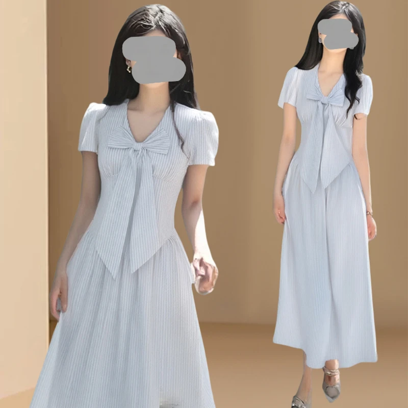 韩系简约条纹法式连衣裙女夏气质显瘦掐腰高级感蝴蝶结连衣裙女