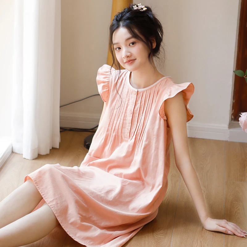 甜美少女夏季睡衣纯棉纱布2025新款中长款宽松薄款家居小飞袖睡裙