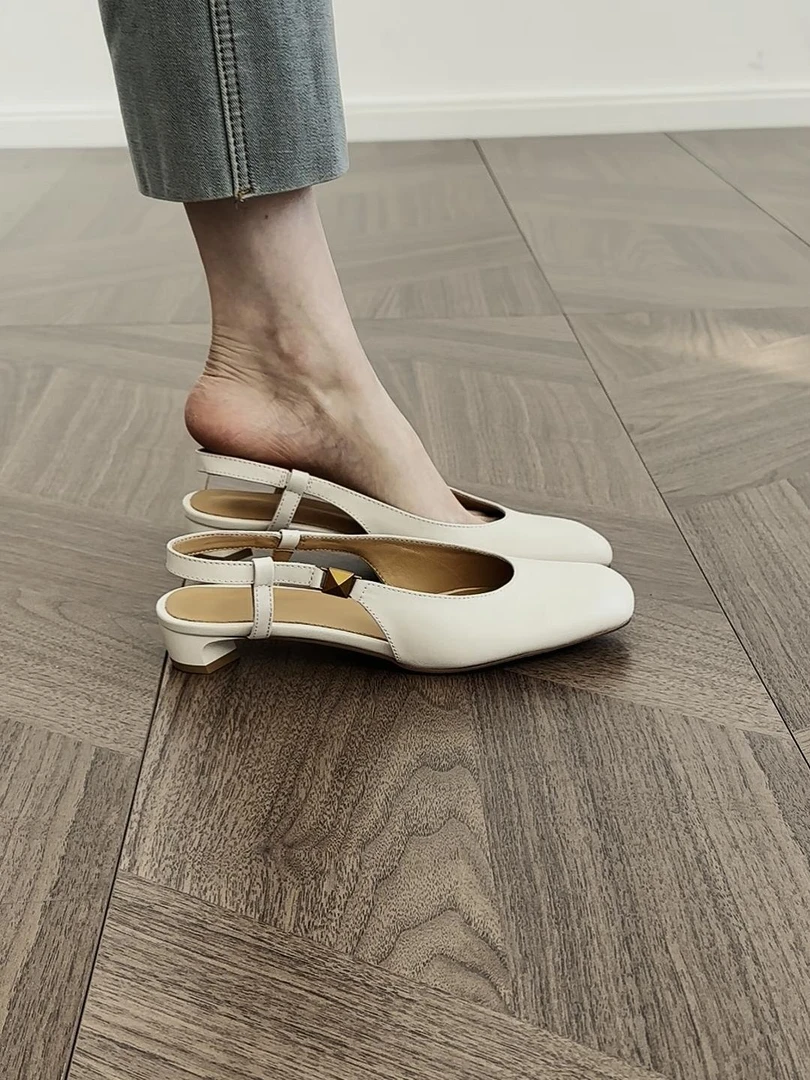 包头一字式扣带纯色方头时装凉鞋黑色高跟单鞋凉鞋