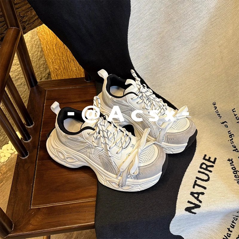 【阿茶】做旧擦色~2025春季新款真皮厚底增高透气休闲运动老爹鞋女