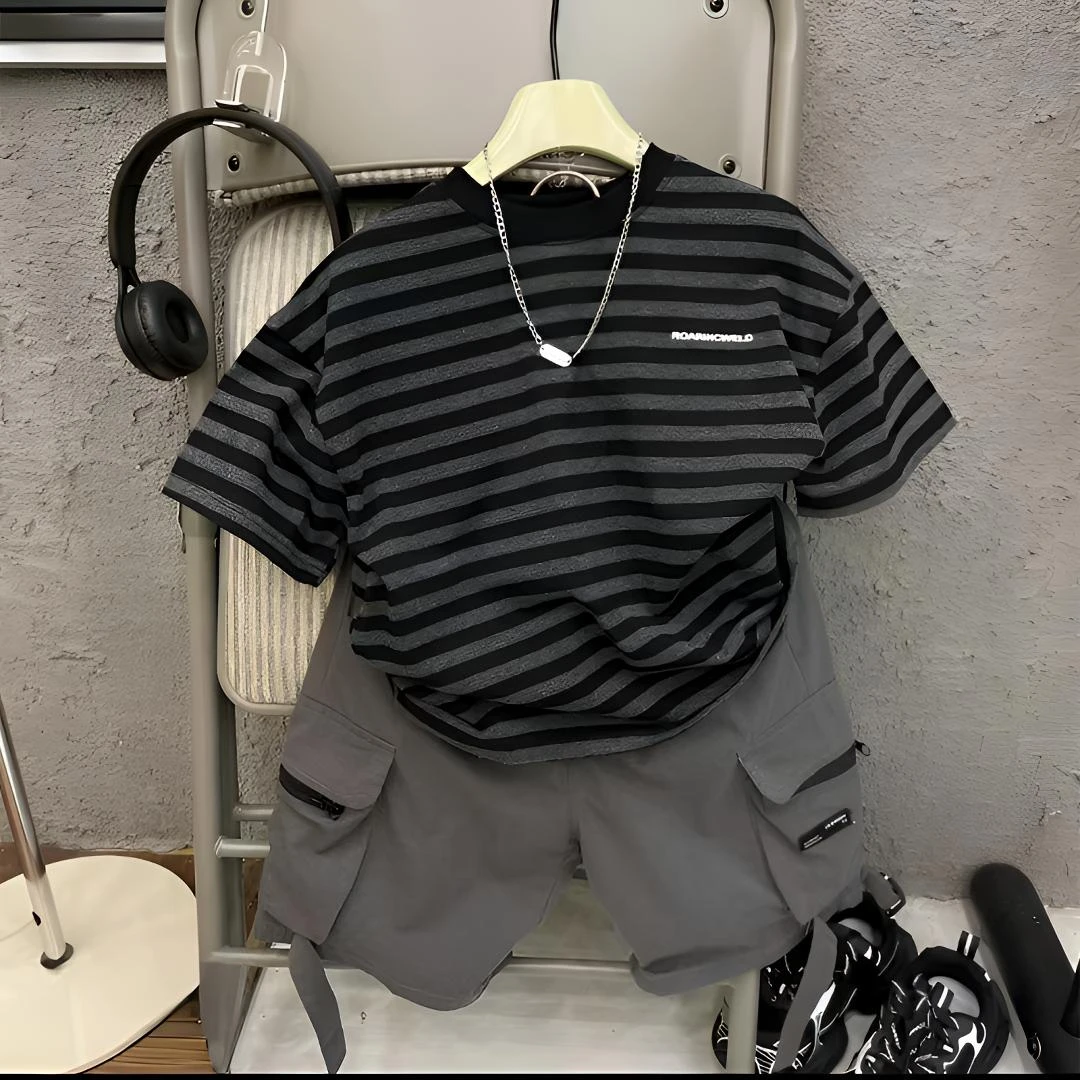 条纹夏季男短袖印花卡通圆领T恤百搭儿童夏装韩版半袖黑白男童t恤