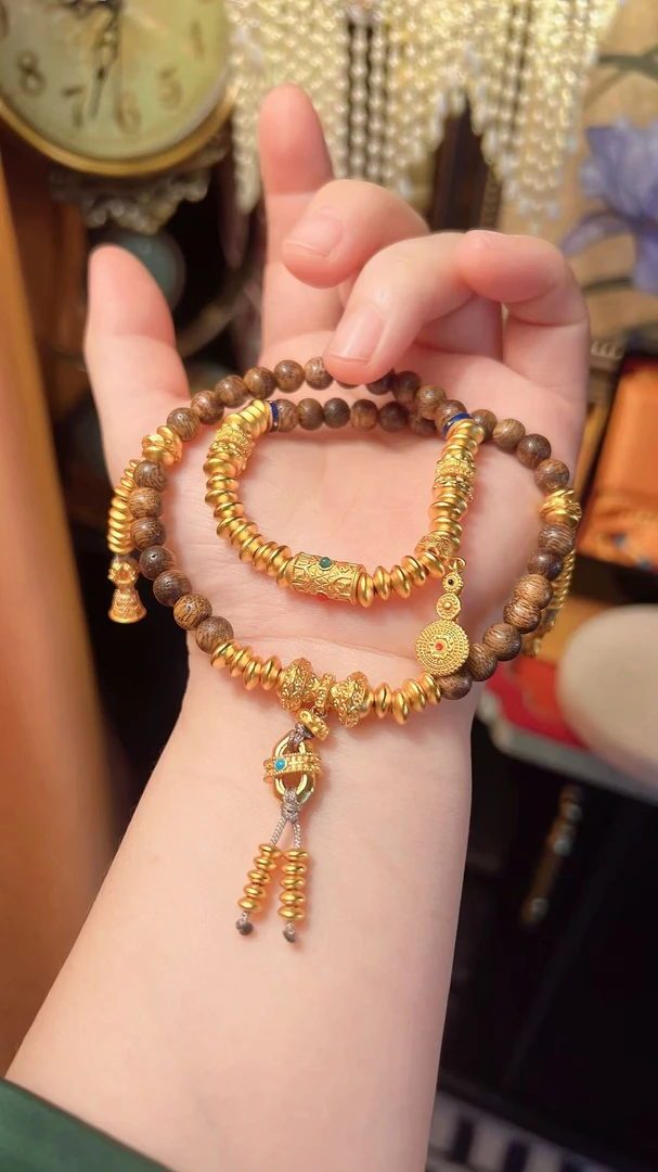 铜合金木质手链 潮某基同款小谭谭金色串珠手工珠串