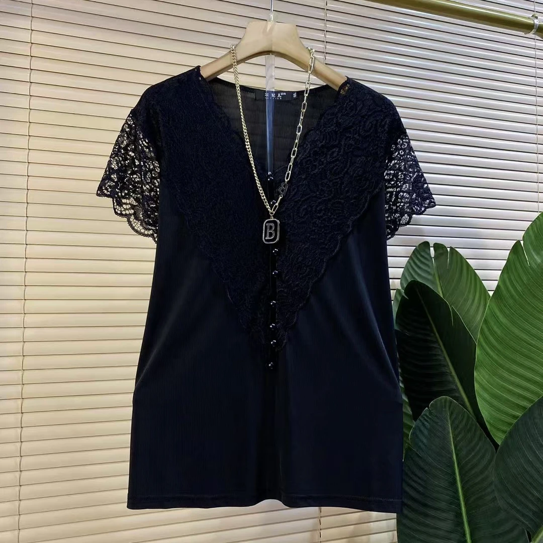 Y胖mm欧货时尚新款镂空蕾丝拼接气质短袖上衣