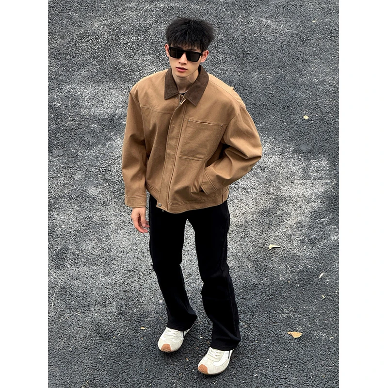 卡其色底特律工装夹克男秋季美式飞行员翻领上衣cleanfit短款外套