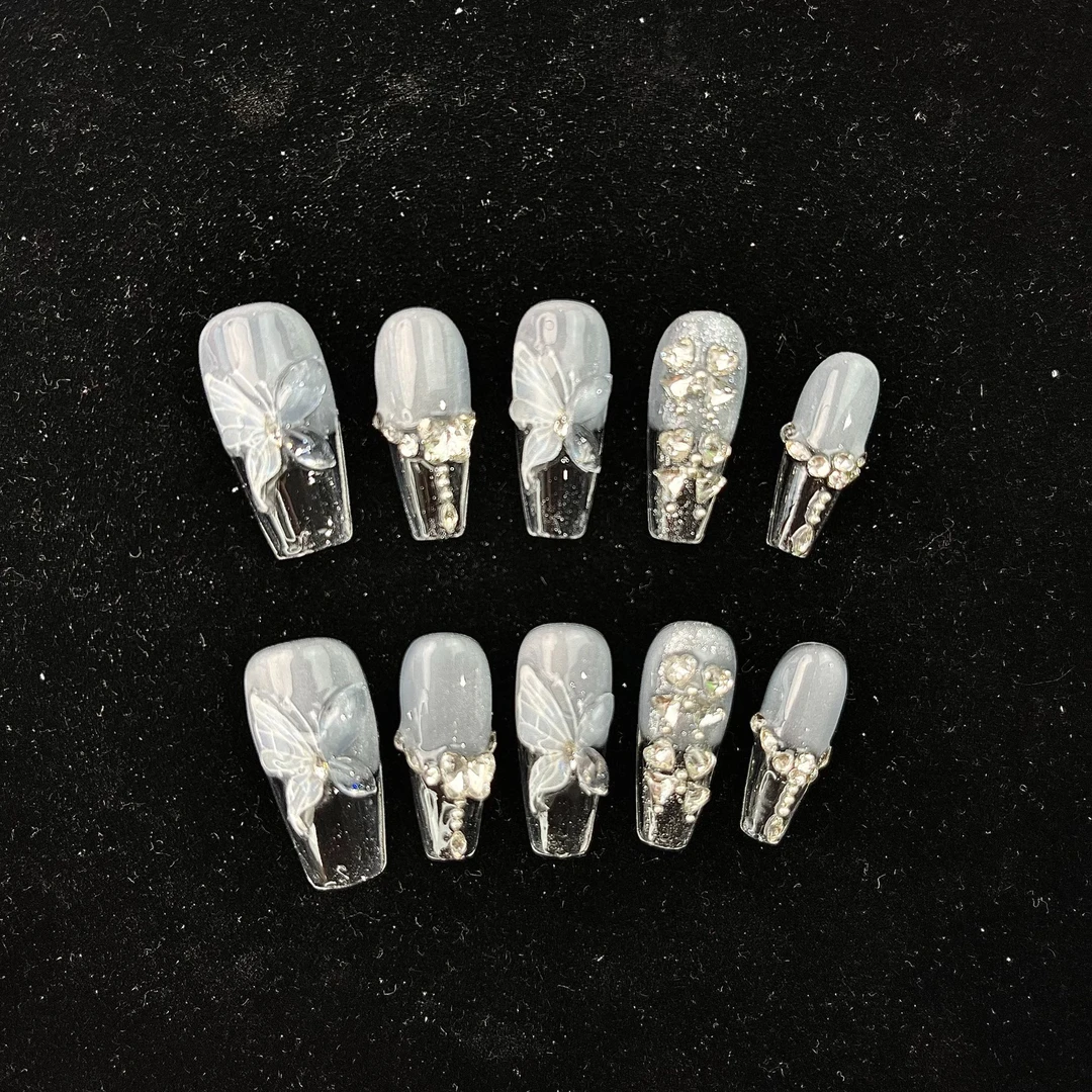 【BAO蓝猫眼中梯YH】冰透蓝色冰透立体蝴蝶猫眼清新纯手工穿戴甲