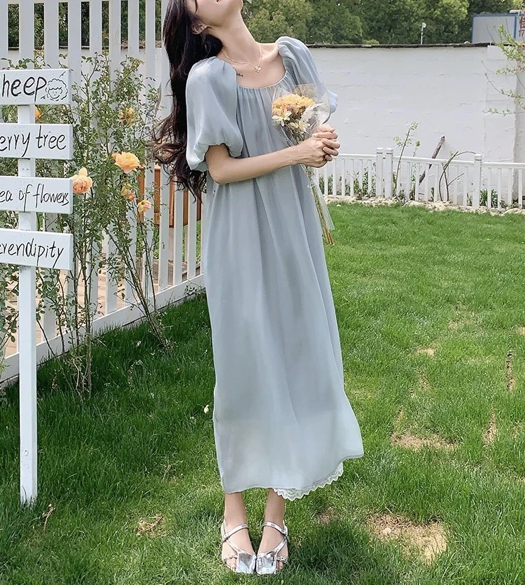 742 纯欲风一字肩公主袖韩版甜美风显瘦连衣裙（D01）