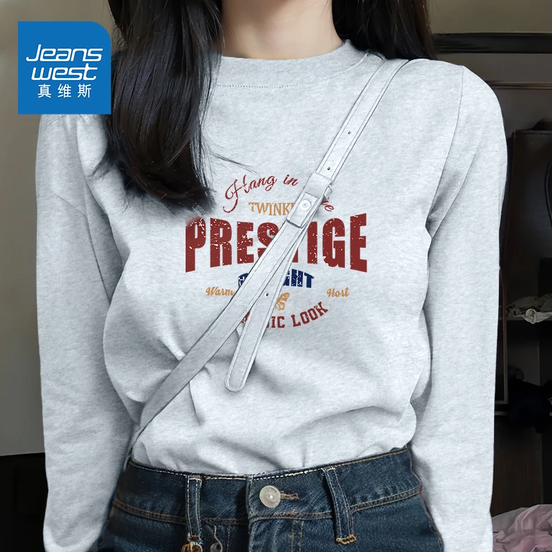 真维斯纯棉长袖t恤女2025秋季新款高级感学生正肩上衣宽松打底衫
