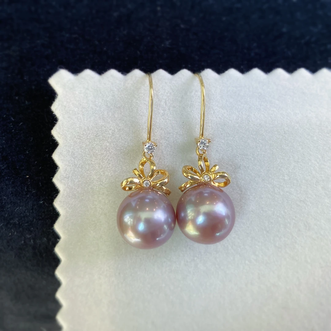 蝴蝶结耳钩11-12mm紫色爱迪生淡水珍珠耳饰正圆强光气质减龄