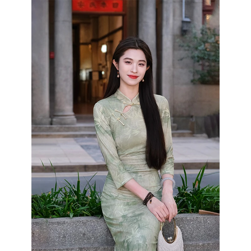 凌茜【书禾】新中式优雅显瘦领口镂空竹叶印花网布七分袖旗袍连衣裙