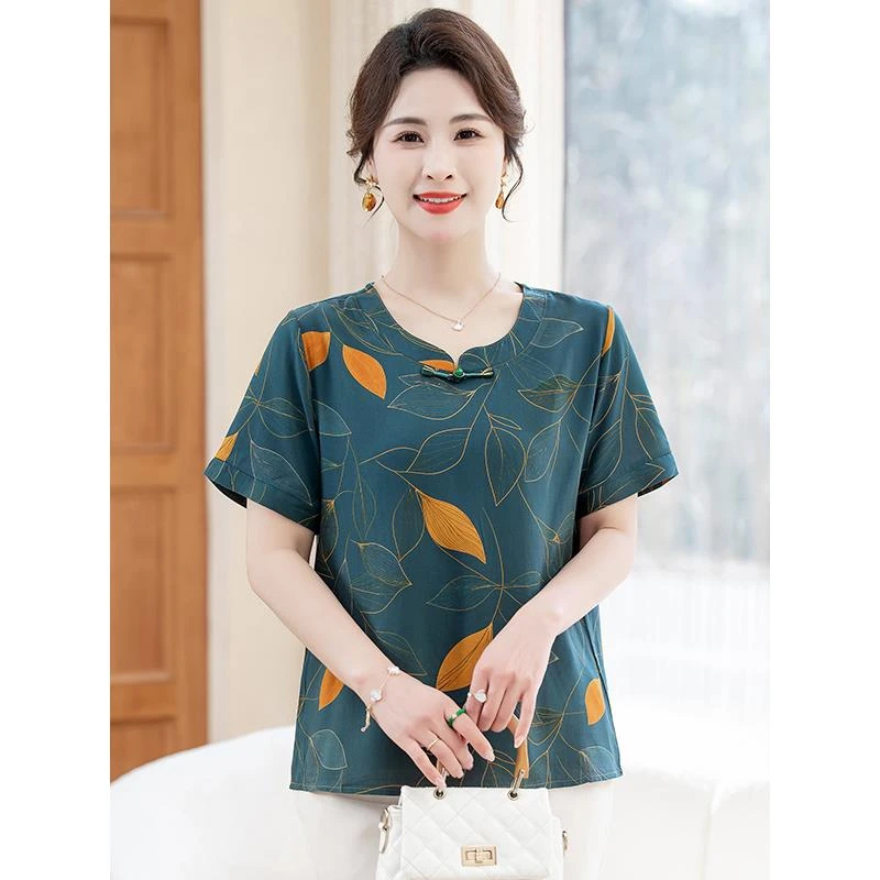 2025新款妈妈夏装短袖T恤洋气宽松小衫中老年女薄款减龄休闲上衣