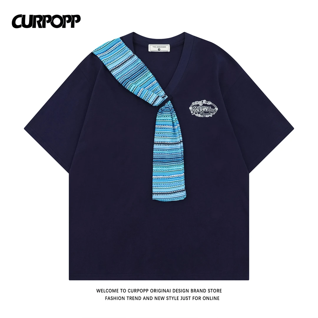 CURPOPP日系甜美围脖拼接设计感短袖T恤男女潮牌宽松ins情侣上衣