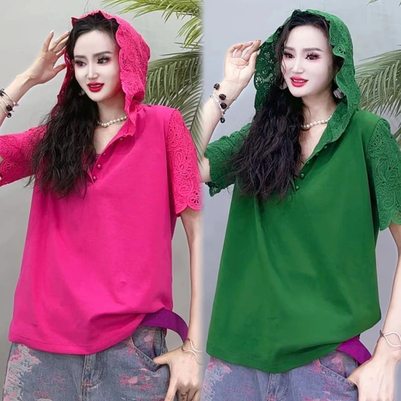 2025新款休闲蕾丝连帽T恤女时尚宽松通勤百搭洋气女装上衣-9887