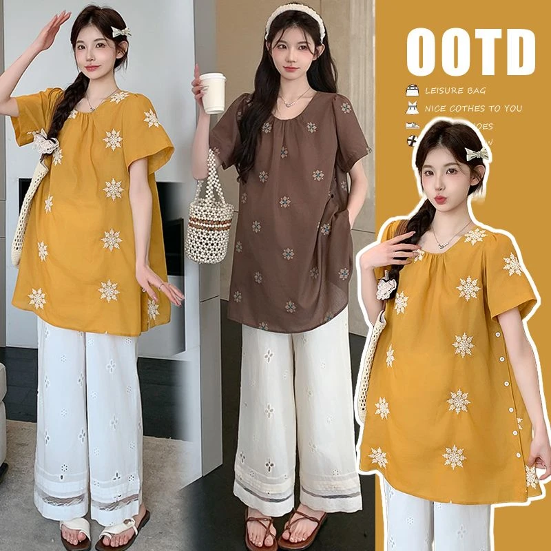 孕妇套装新款舒适短袖A字宽松小衫搭刺绣钩花镂空减龄抽绳阔腿裤