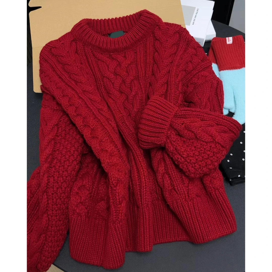 红色圣诞麻花针织衫上衣女冬2025新款韩系慵懒高级感宽松套头毛衣