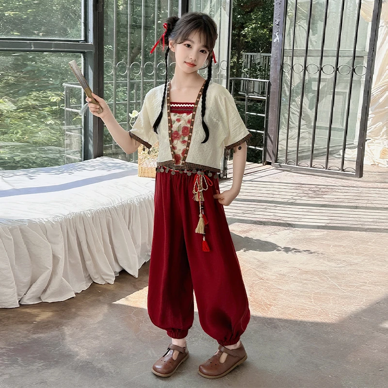 女童夏季套装2025新款洋气时尚民族风三件套6-12岁中大童夏款衣服