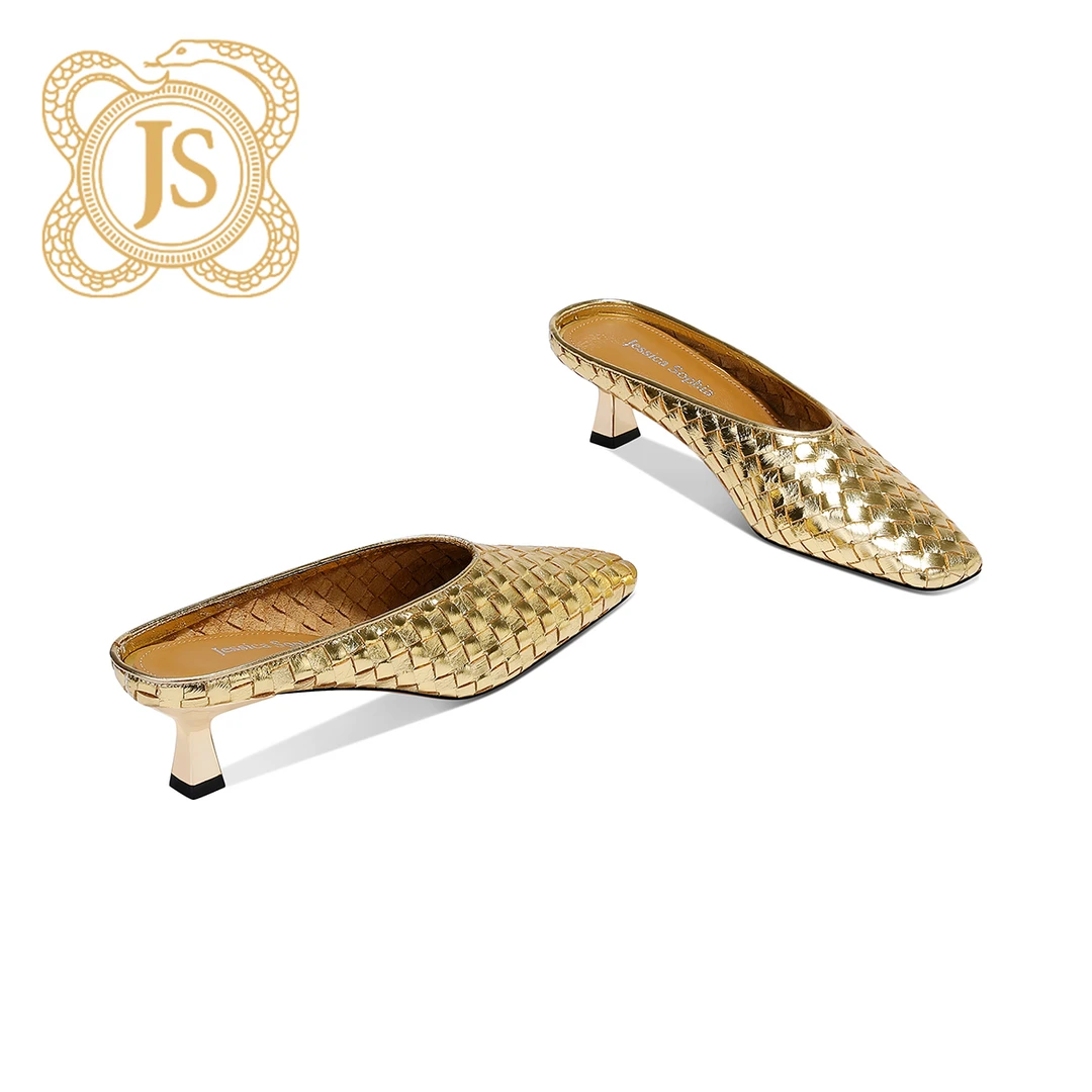 已开价，6653L651Z轻奢编织金色舒适中跟方头真皮时尚包头拖鞋女