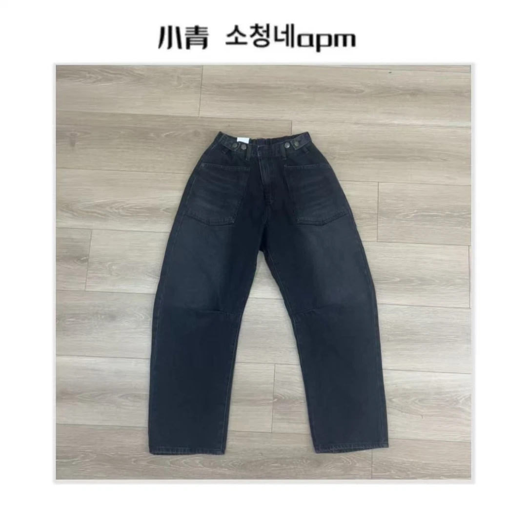 韩国东大门 ITZ/1035膝盖折线弯刀调节扣拉绒牛仔裤